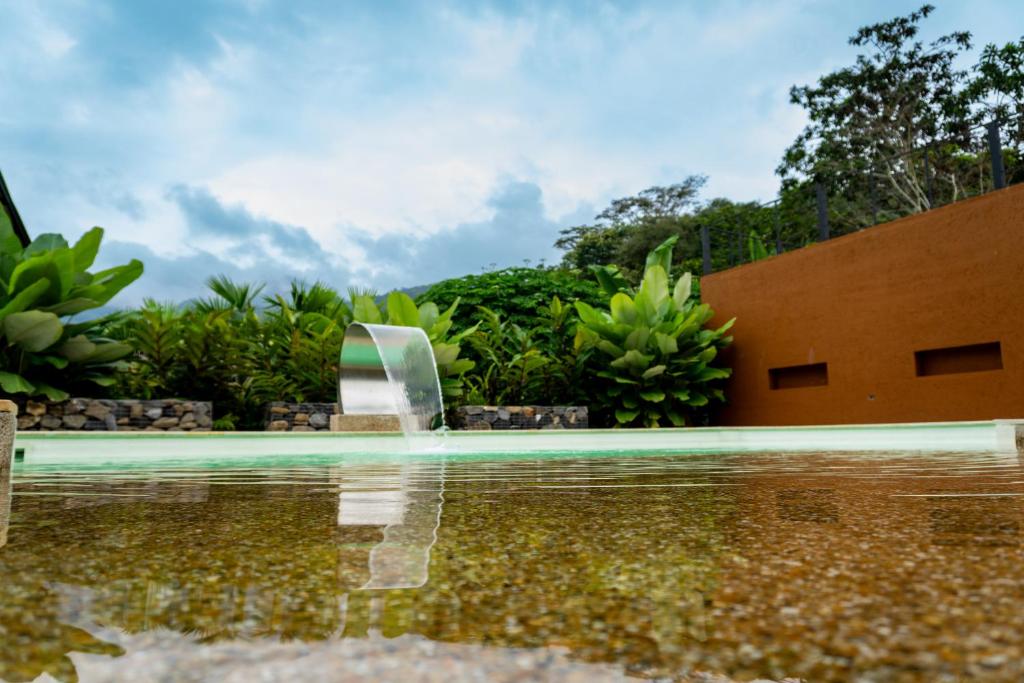 a swimming pool with a water fountain in a yard at Villajesu Villeta in Villeta
