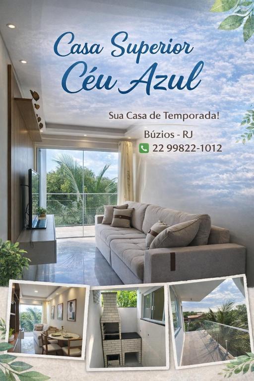 a collage of photos of a living room with a couch at 05 minutos da praia - Casa Superior céu azul Buzios in Búzios