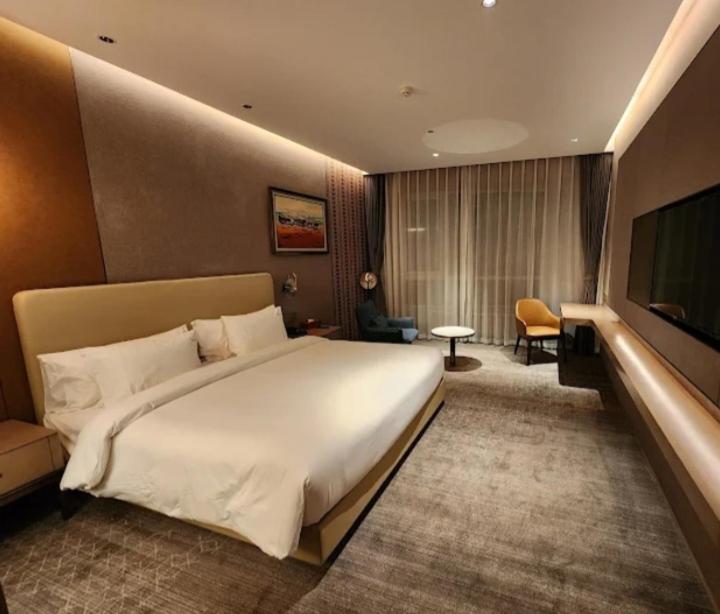 ein Hotelzimmer mit einem großen Bett und einem Fernseher in der Unterkunft Explore Bahirdar Hotel in Bahir Dar