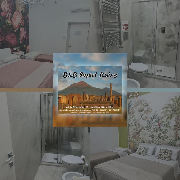 a collage of photos of a bedroom with a bed and toilets at B&B Sweet Ruins in Ercolano