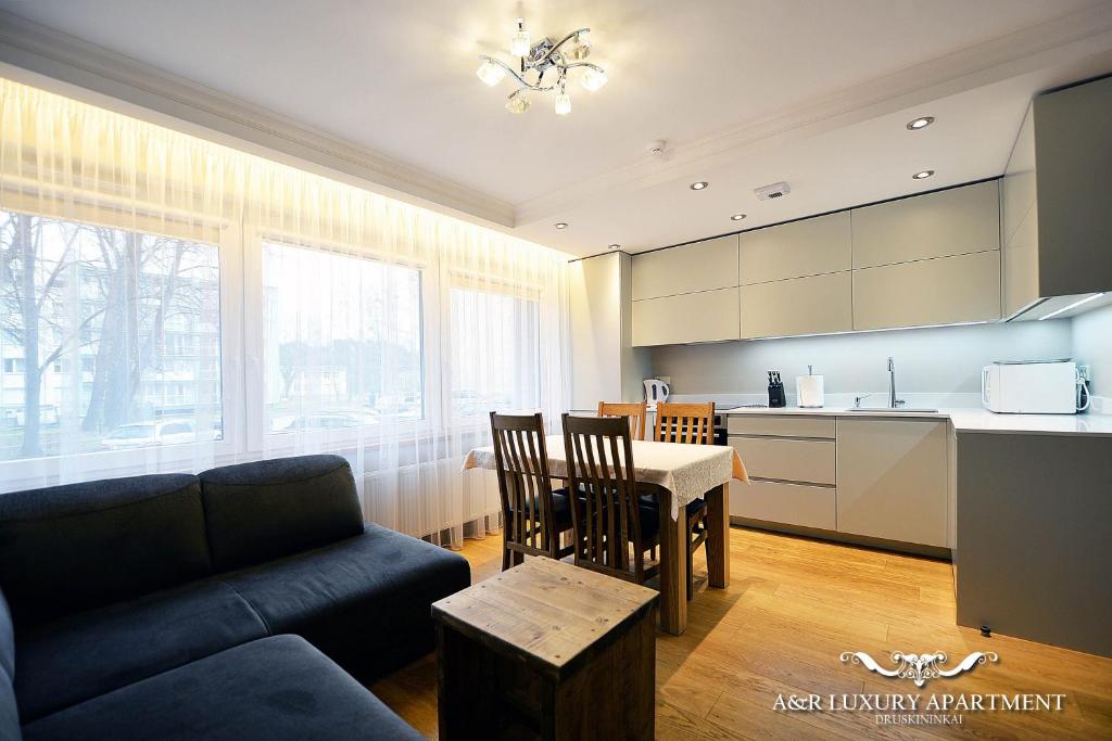 Il dispose d'une cuisine et d'un salon avec un canapé et une table. dans l'établissement Luxury apartment, à Druskininkai