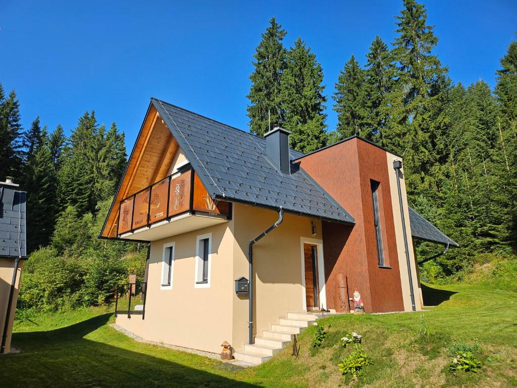 a house with a black roof on a hill at Siedls Enzian in Hirschegg Rein