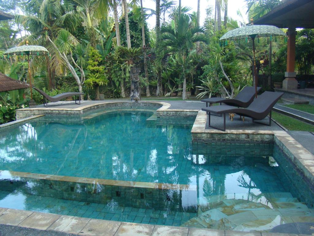 - une piscine avec 2 chaises et un parasol dans l'établissement Bella Villas, à Ubud