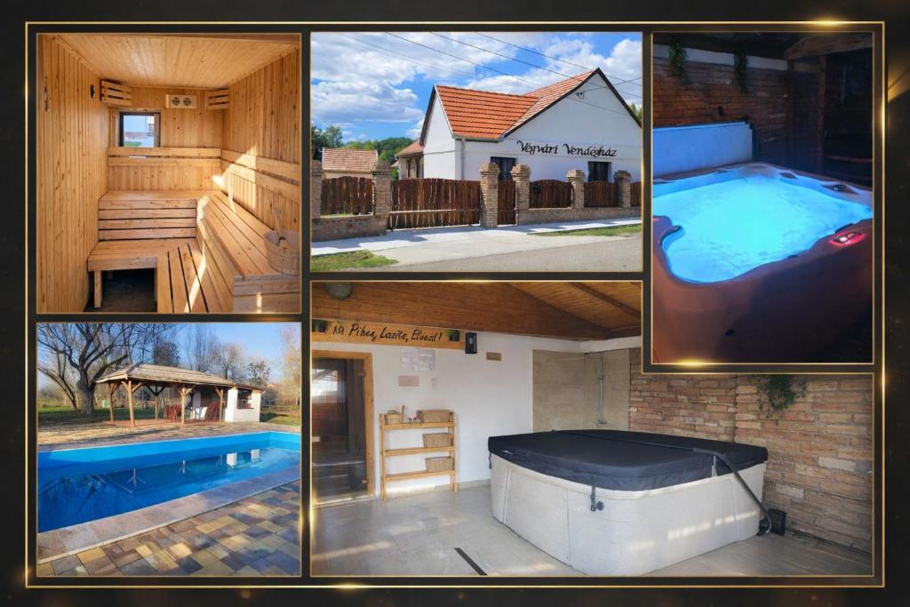 a collage of four pictures of a swimming pool at Végvári Vendégház in Magyarbóly