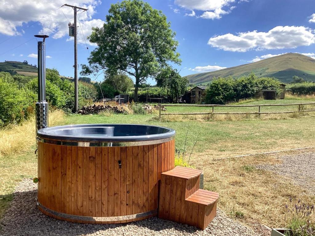 a wooden tub sitting in the middle of a field at 4 Bed in Brecon oc-bn182 in Talgarth