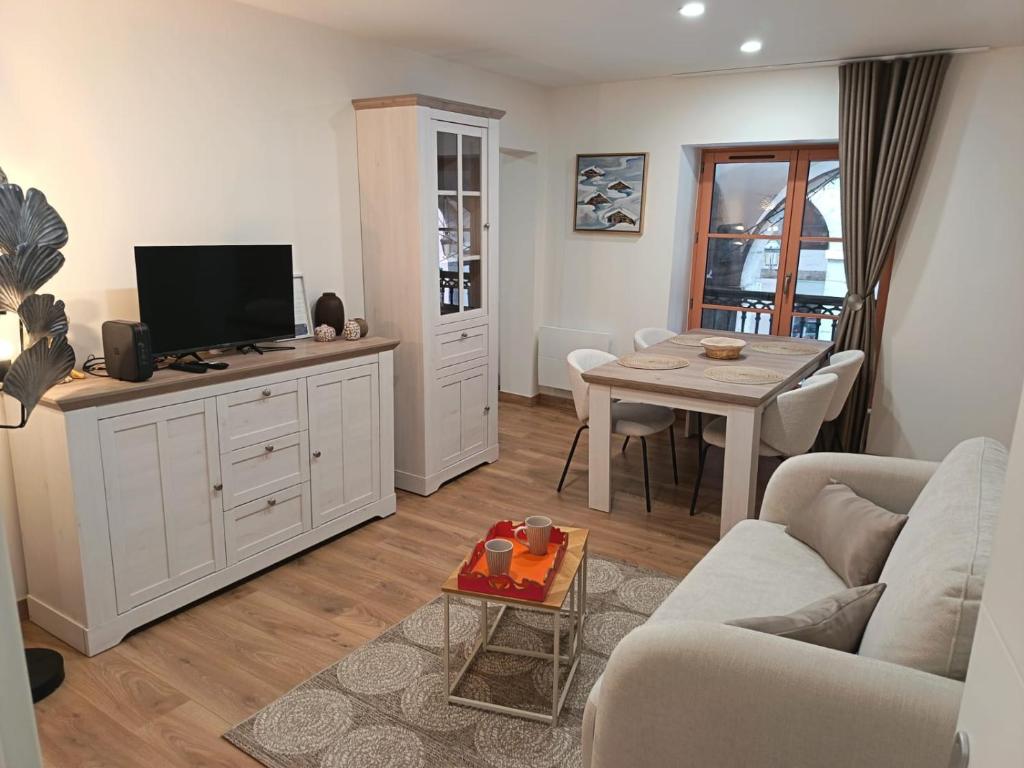 a living room with a couch and a tv and a table at Centre Chambéry - Parking gratuit - tout inclus in Chambéry
