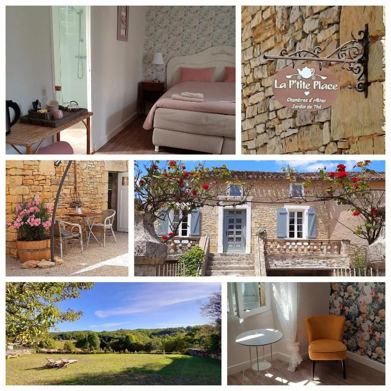 a collage of pictures of a room with a house at La P'tite Place in Les Arques