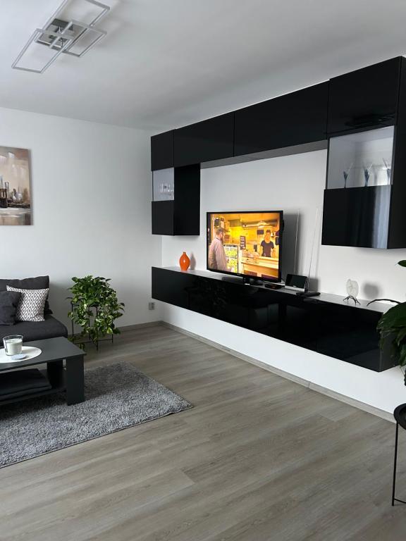 a living room with a tv on a wall at Na Písku in Most