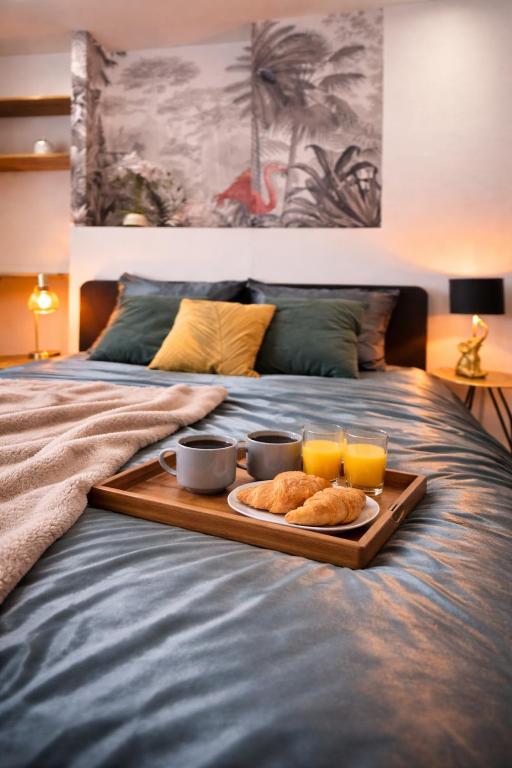 a tray of food on a bed with two glasses of orange juice at Appartement Oiseau du Paradis avec terrasse parking privé proche centre in Moulins