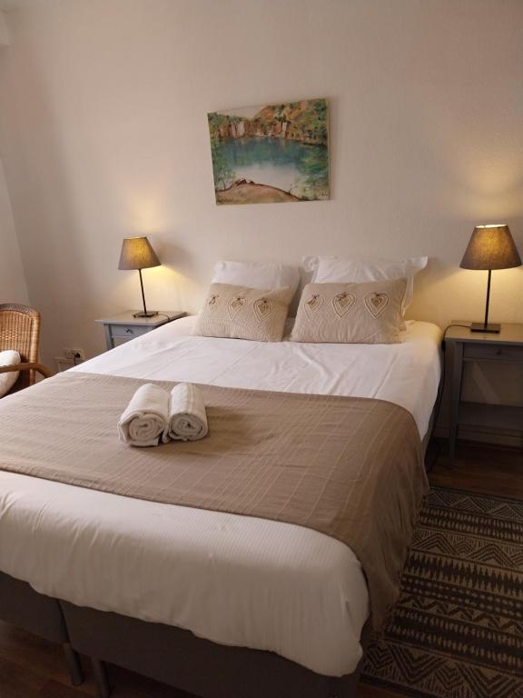 a bedroom with a large white bed with towels on it at Hypercentre Strasbourg Vue Cathédrale in Strasbourg