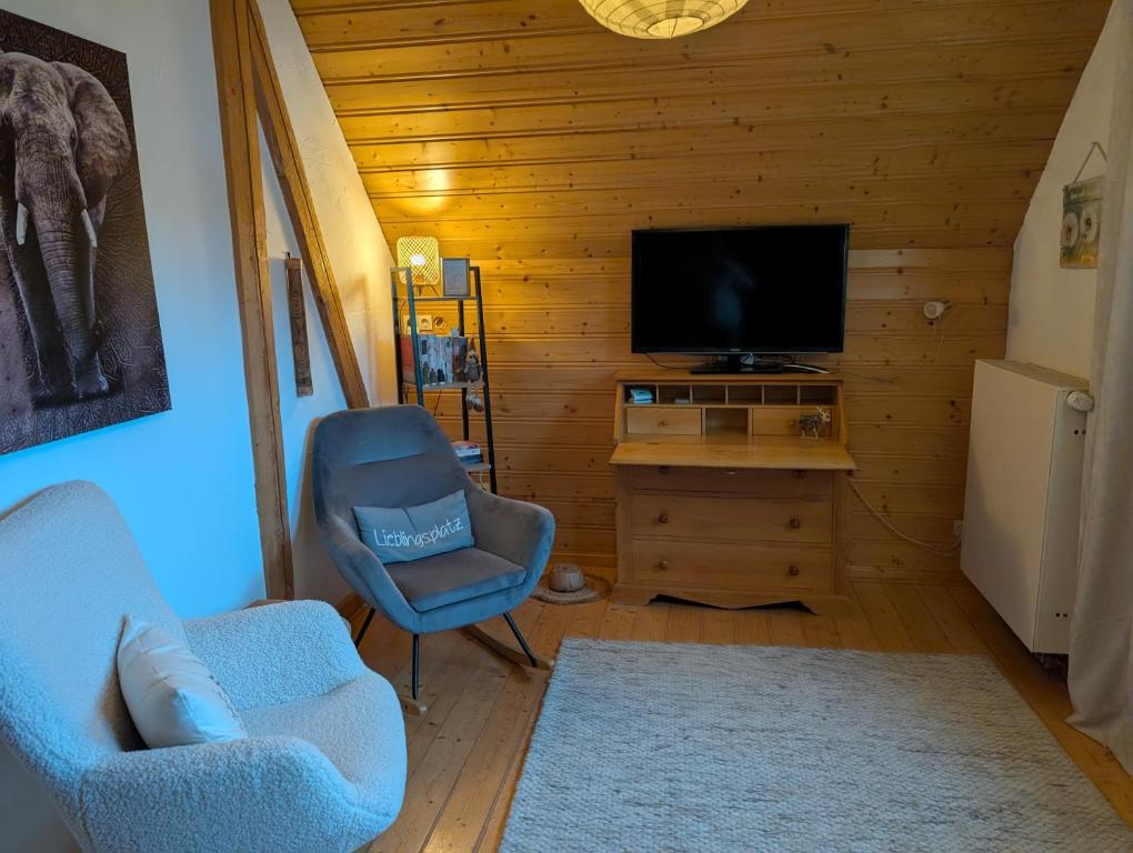 ein Wohnzimmer mit Fernseher und Sessel in der Unterkunft FeWo Opolt mit Sauna in Medebach