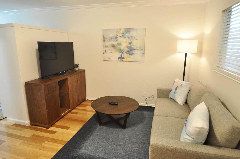 a living room with a couch and a flat screen tv at The Austin Cool Condo in Austin