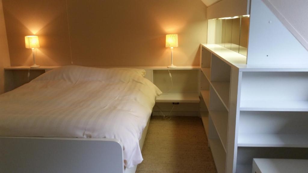 エーペンにあるLandgoed Schoutenhofのベッドルーム1室(ベッド1台、デスク、2つの照明付)