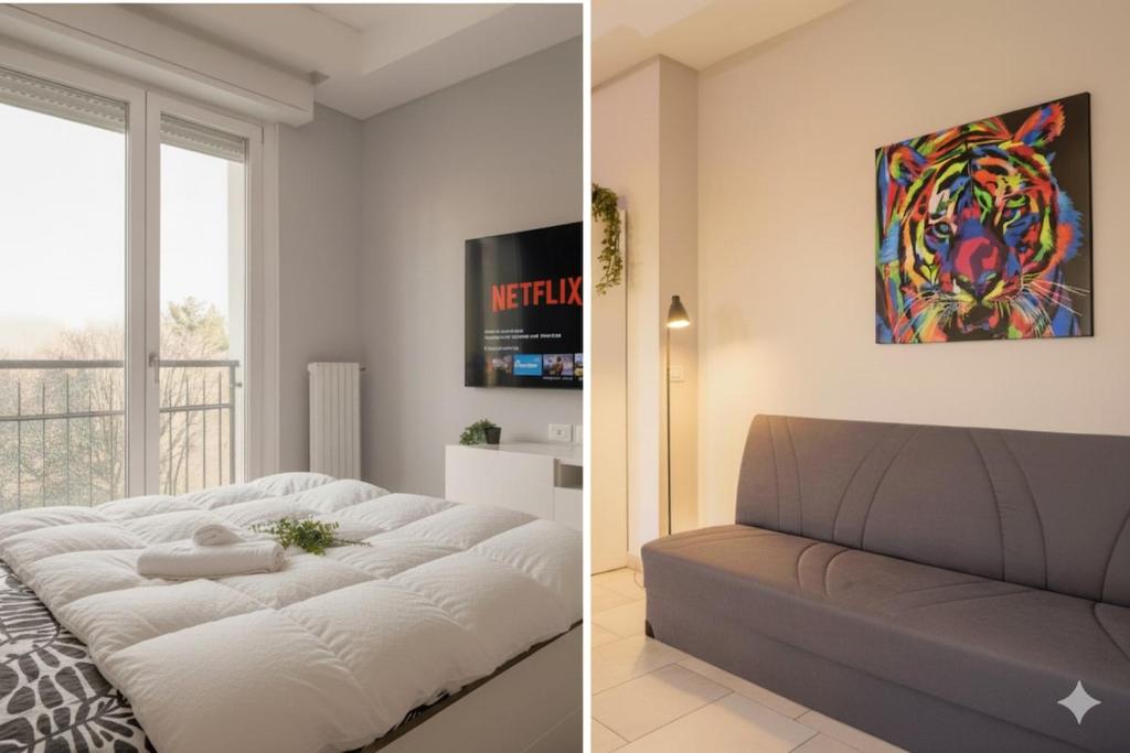 two pictures of a living room with a couch at Victory76 - Hospital, M3, Linate in San Donato Milanese