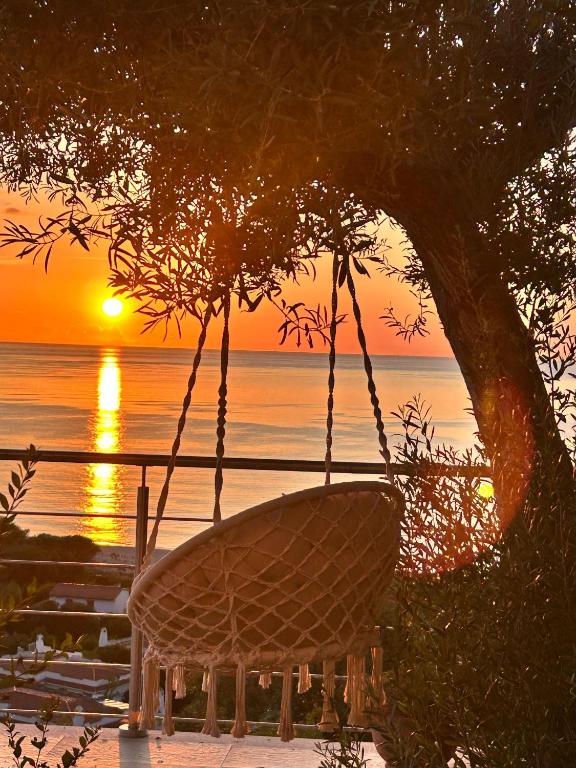 a swing under a tree with the sunset in the background at La Terrazza sull'Alba in Costa Rei