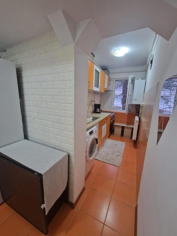 a kitchen with a washer and dryer in a room at Two-room apartment in Drăgăşani