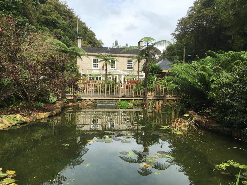 une maison avec un étang en face de celle-ci dans l'établissement The Waterwheel, à St Austell