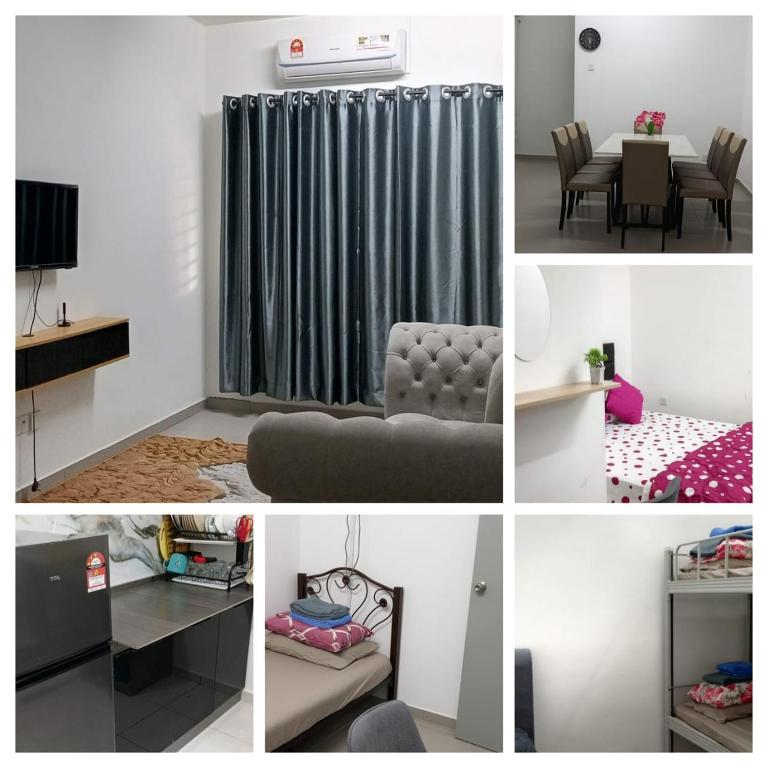a collage of photos of a living room and dining room at arin syah homestay in Jasin