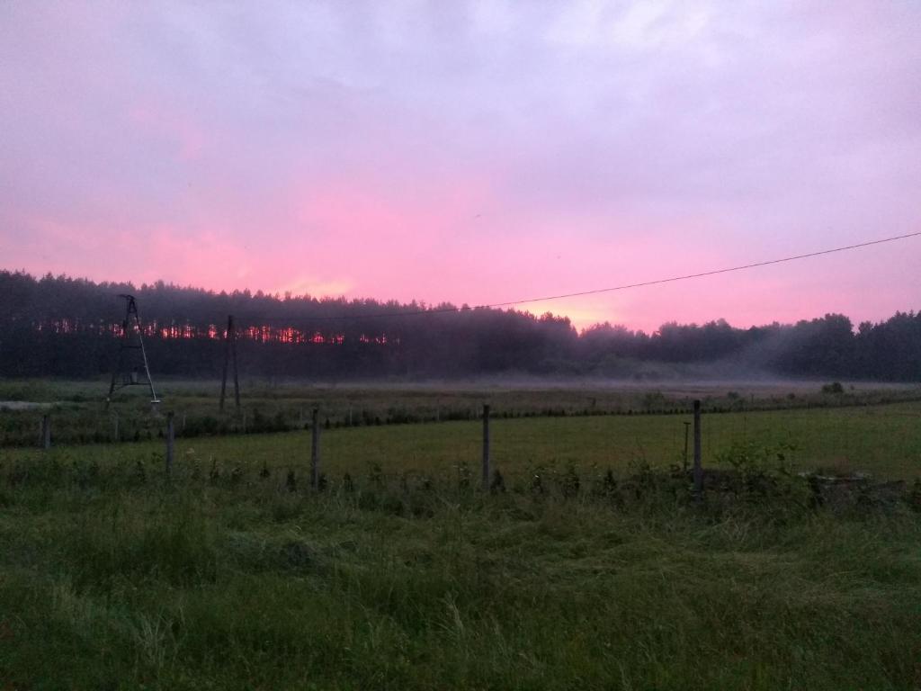 a foggy field with a fence in a field with a sunset at KRECIKOWO in Tawęcino
