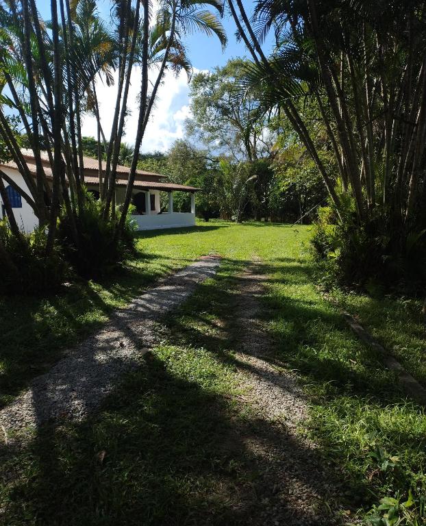 a dirt road leading to a house with palm trees at Sitio Serra e Mar in Saquarema