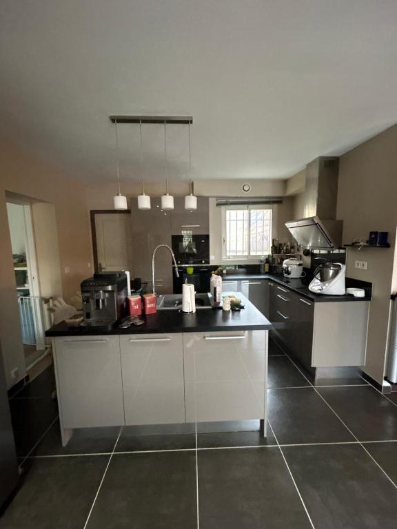 a large kitchen with a sink and a counter at La Villa Carpentrassien in Carpentras
