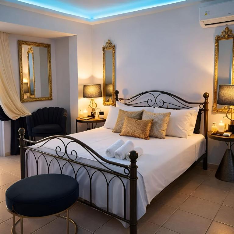 a bedroom with a bed and two chairs and mirrors at Sun Suite in Sitia