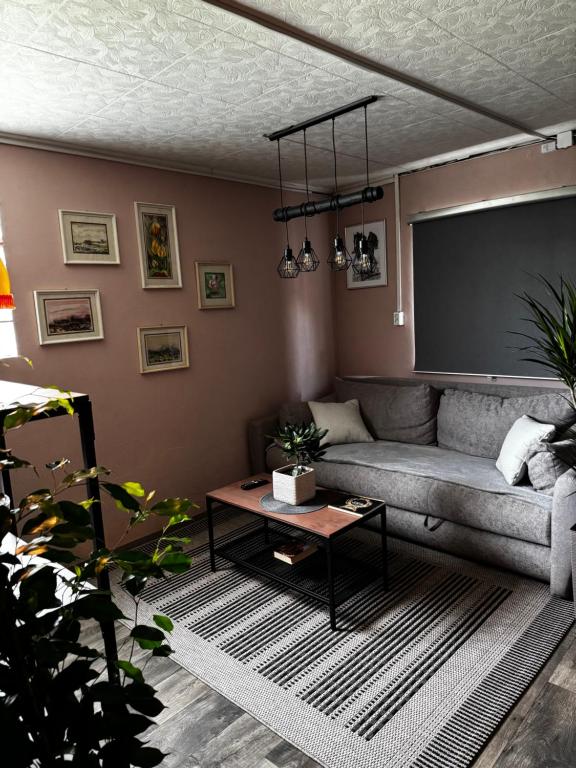 a living room with a couch and a table at Minimalist luxury room in Zgornje Hoče