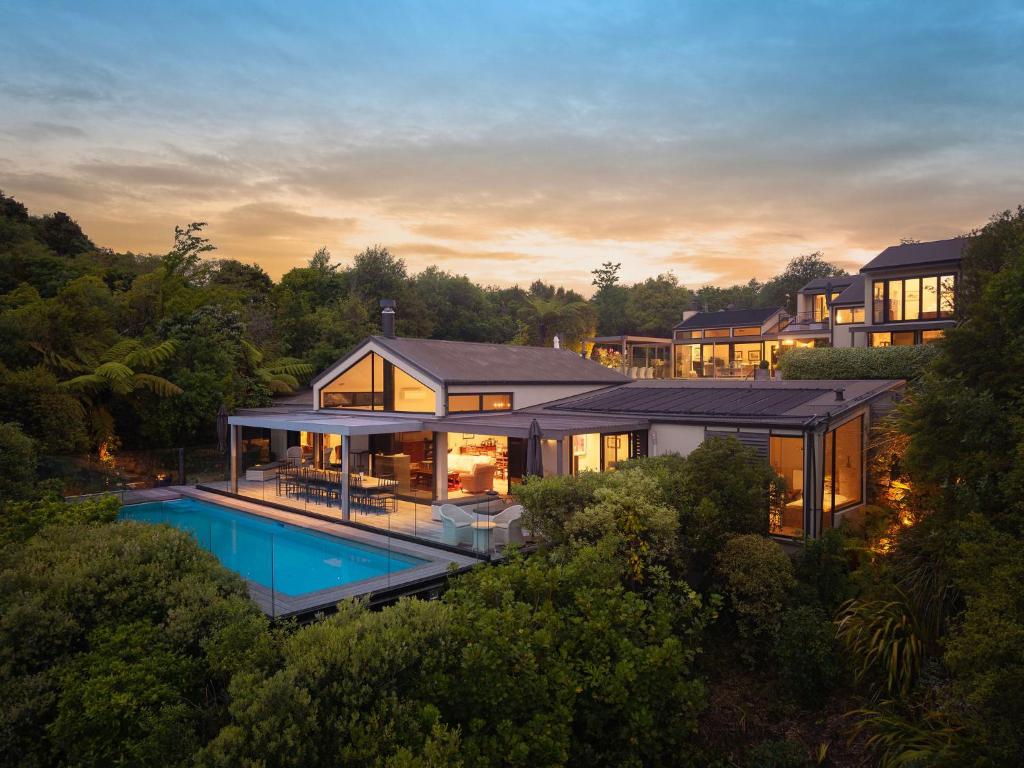 an aerial view of a house with a swimming pool at The Point Villas in Taupo