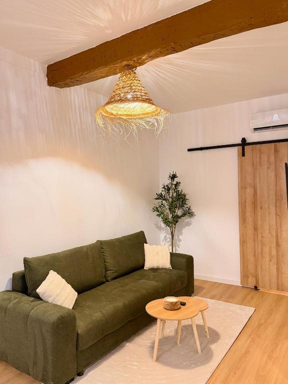 a living room with a green couch and a table at Hyper-centre Toulon in Toulon