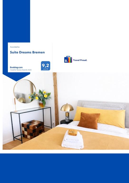 a screenshot of a bedroom with a bed and a mirror at Suite Dreams Bremen in Bremen