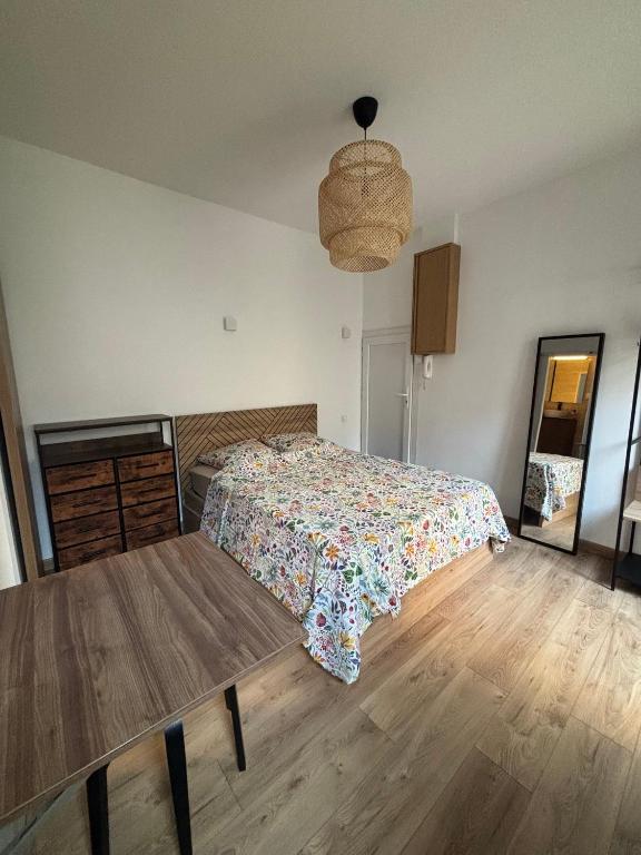 a bedroom with a bed and a wooden table at Studio Quai Claude Bernard in Grenoble