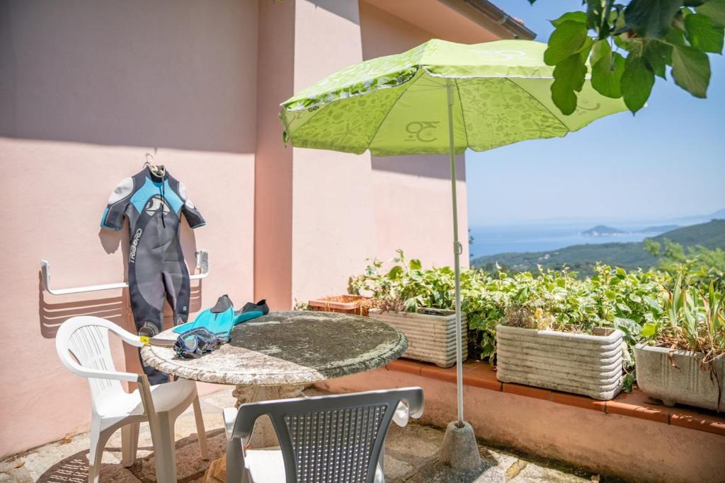 a table with an umbrella on a patio at Domu de Zita in Poggio