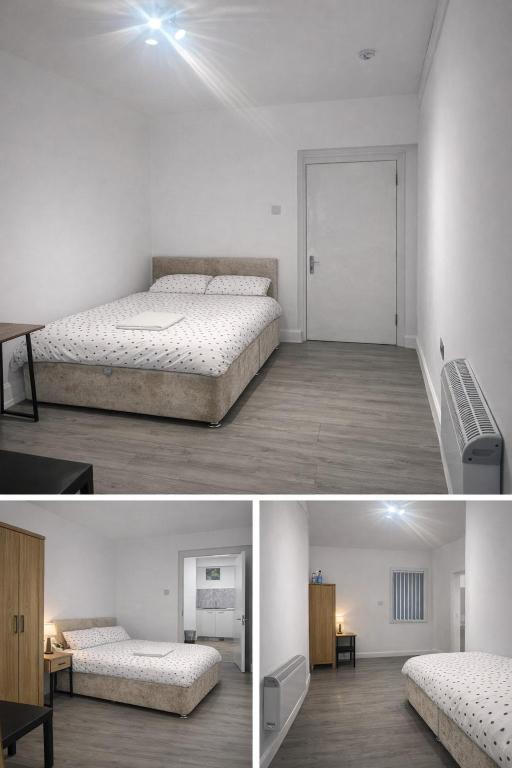 two images of a bedroom with two beds at The Coach House in Bradford