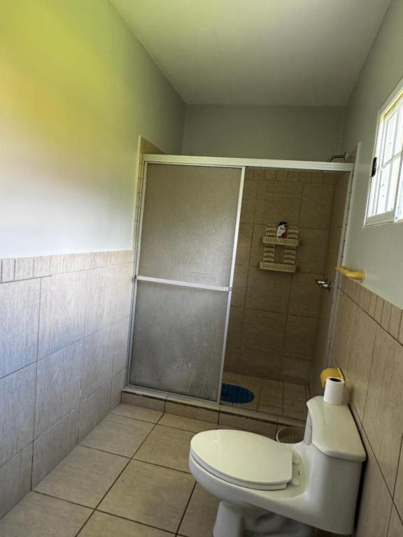 a bathroom with a shower and a toilet at Villa Bonita in La Ceiba