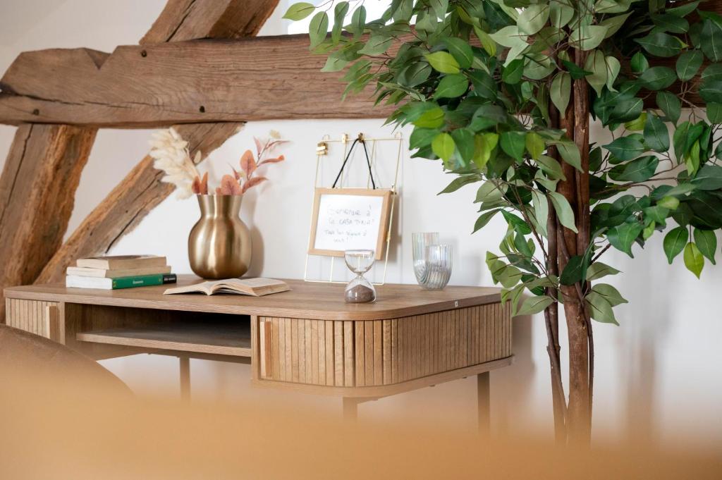 a wooden table with a vase and a plant at Casa Dina - in Chalon-sur-Saône
