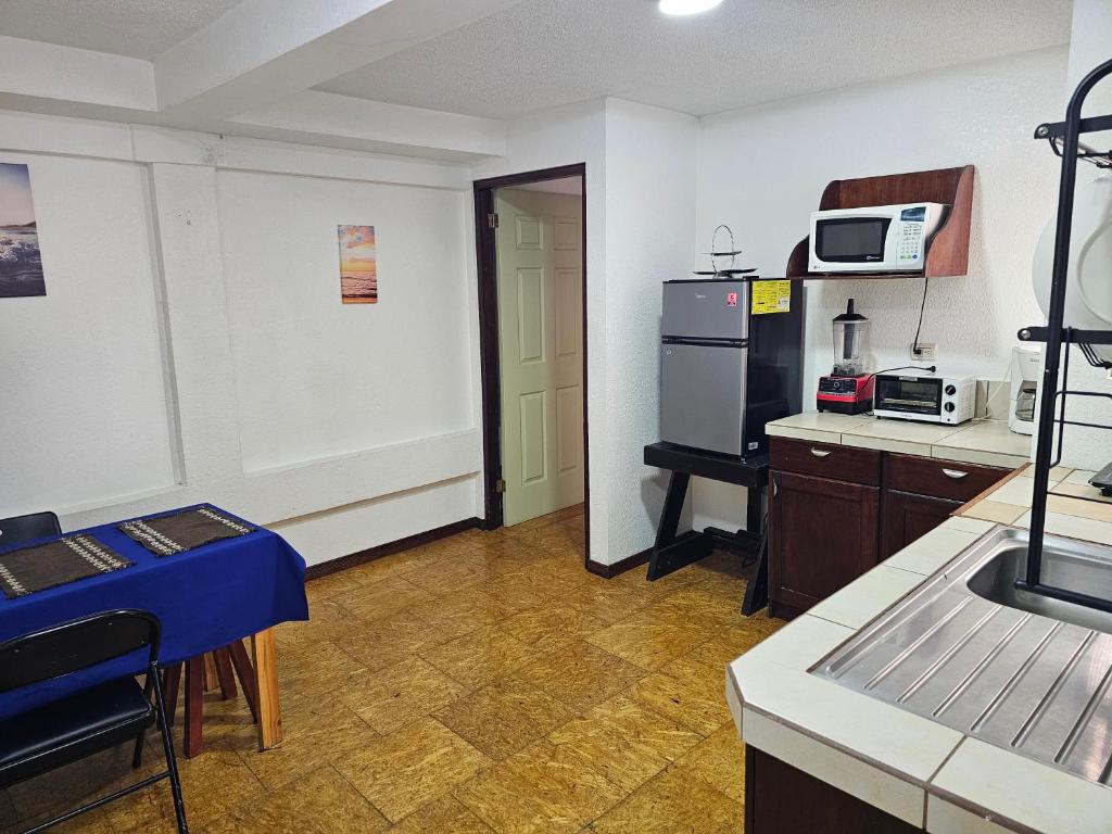 a small kitchen with a counter and a refrigerator at Apartamento 8 TEC in Cartago