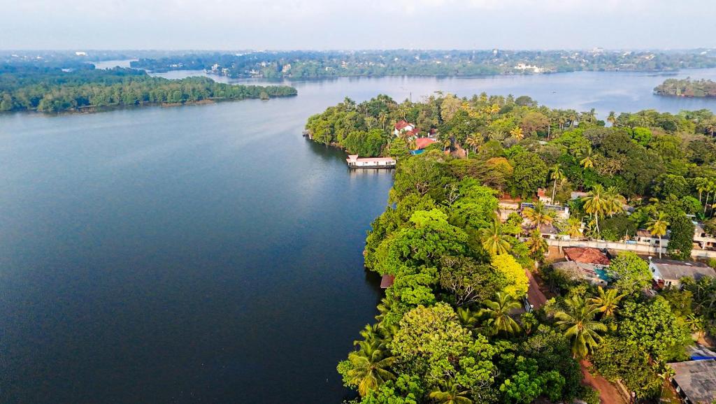 an aerial view of a river with trees at Pearl Bolgoda in Piliyandala
