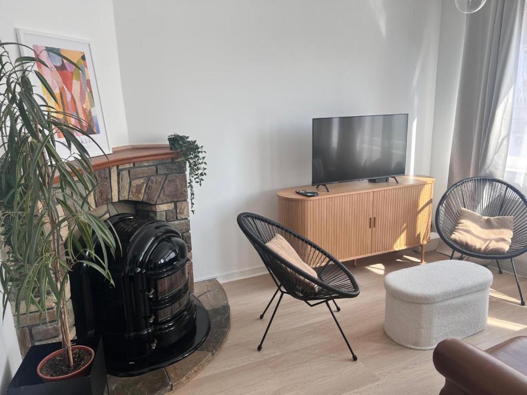 a living room with a tv and chairs and a fireplace at Maison Agathe in Brussels