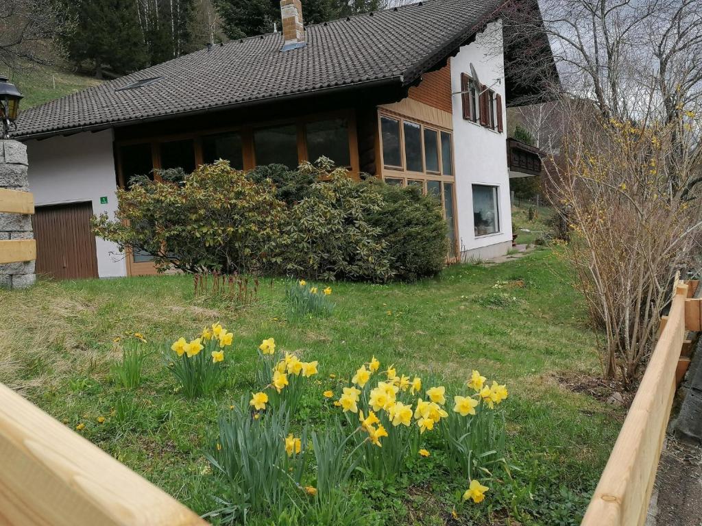 a house with yellow daffodils in the yard at Gästehaus Gruber in Pusterwald