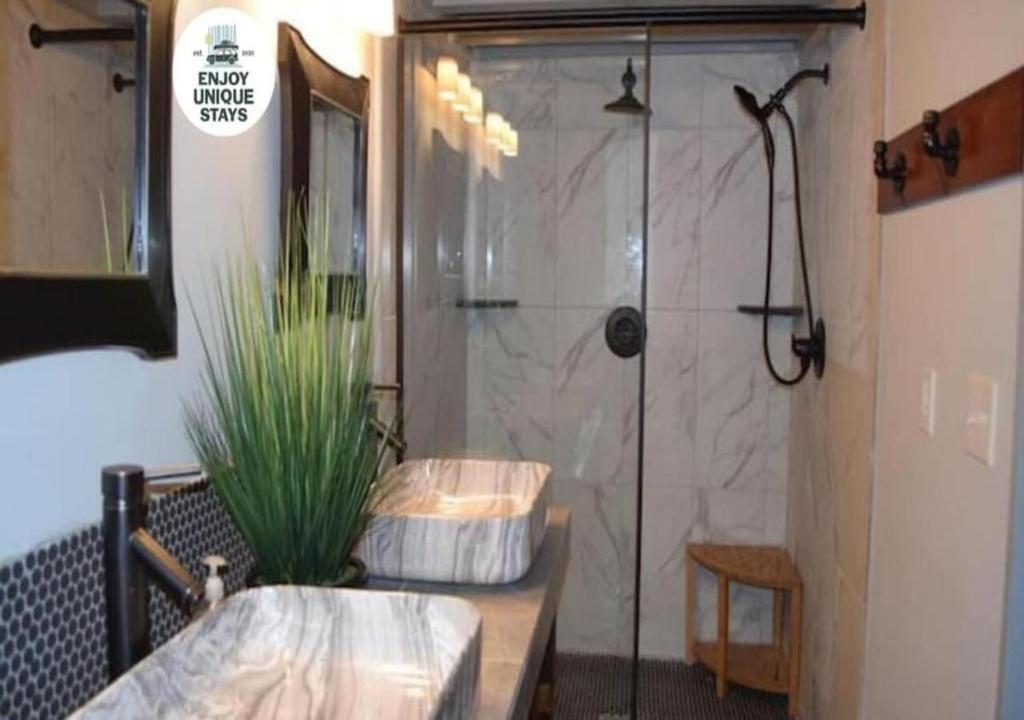 a bathroom with a shower with two sinks and a toilet at Rivers Edge Lofts - Unit 9 in Niles