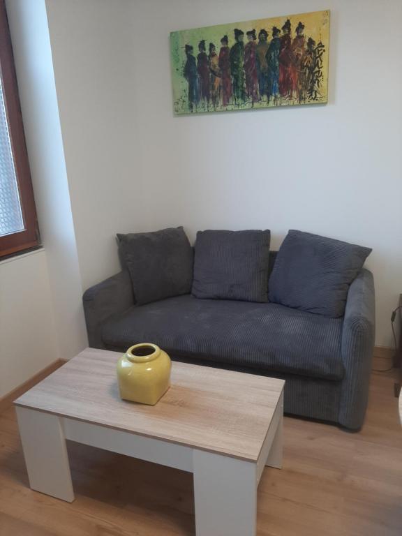 a living room with a couch and a vase on a coffee table at les ruffins in Saint-Jean-en-Royans