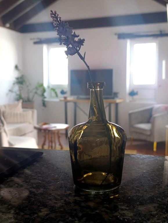 a vase with a flower in it sitting on a table at Casa MaLuMi - Historisches Stadthaus in Haría in Haría