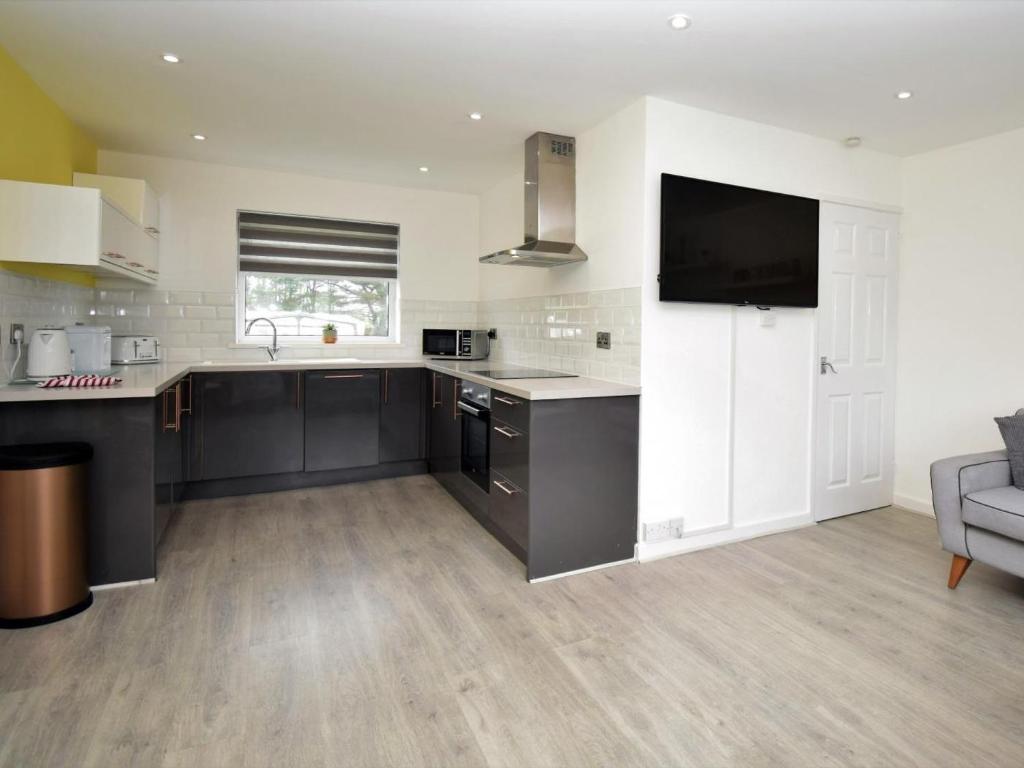 a kitchen with black cabinets and a tv on the wall at 2 Bed in Swansea oc-88744 in Knelston