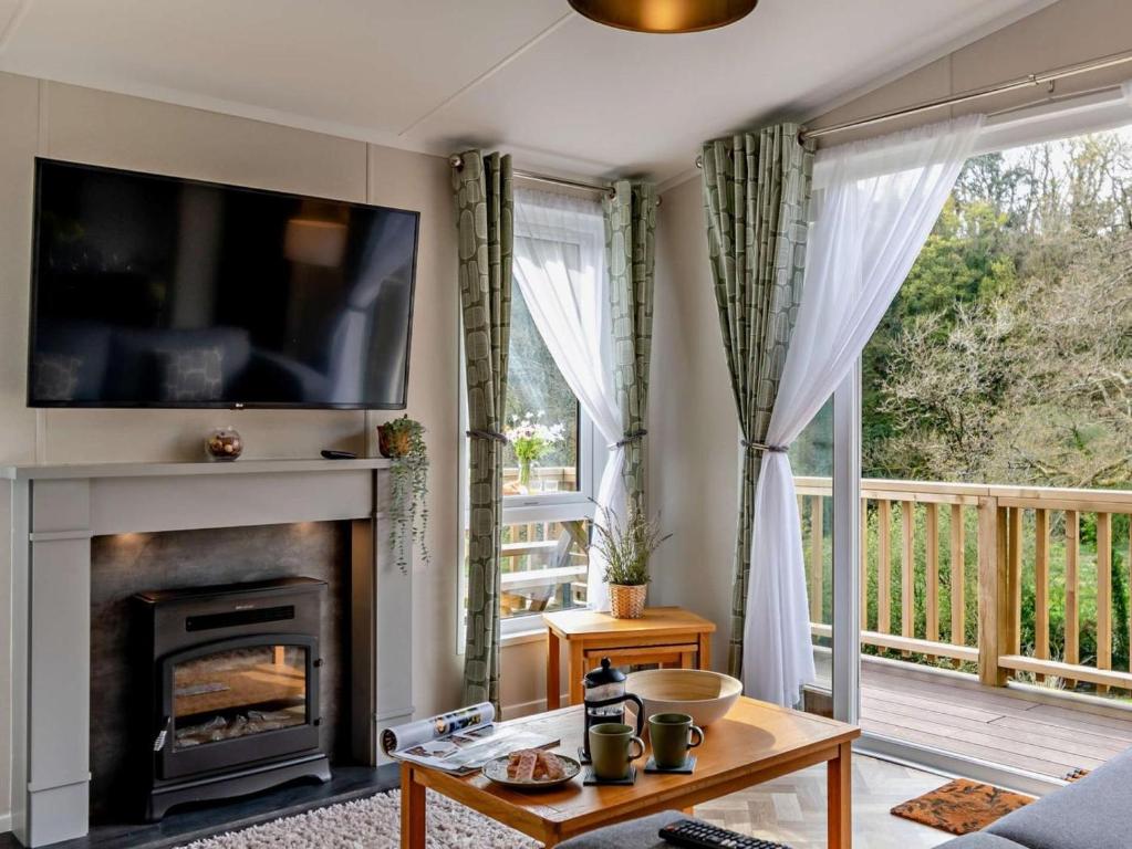 a living room with a fireplace and a television at 2 Bed in Newport oc-94717 in Nevern