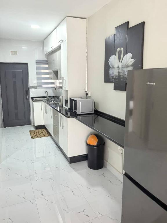 a large white kitchen with a counter and a microwave at Nkambo Apartments in Kitwe