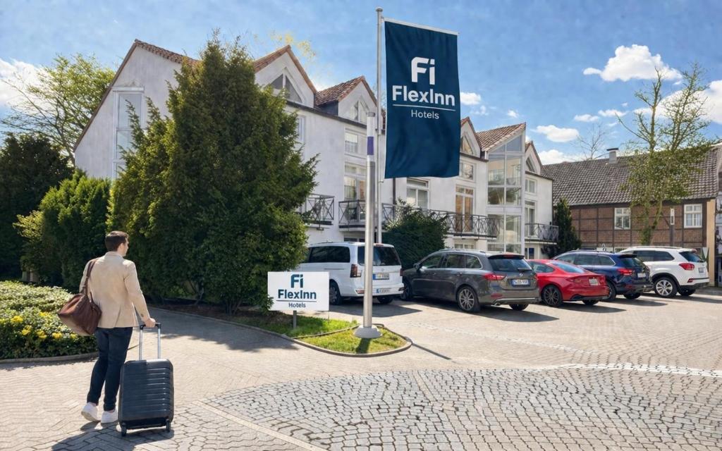a man walking down a street with a suitcase at FlexInn Hotel Gelsenkirchen in Gelsenkirchen