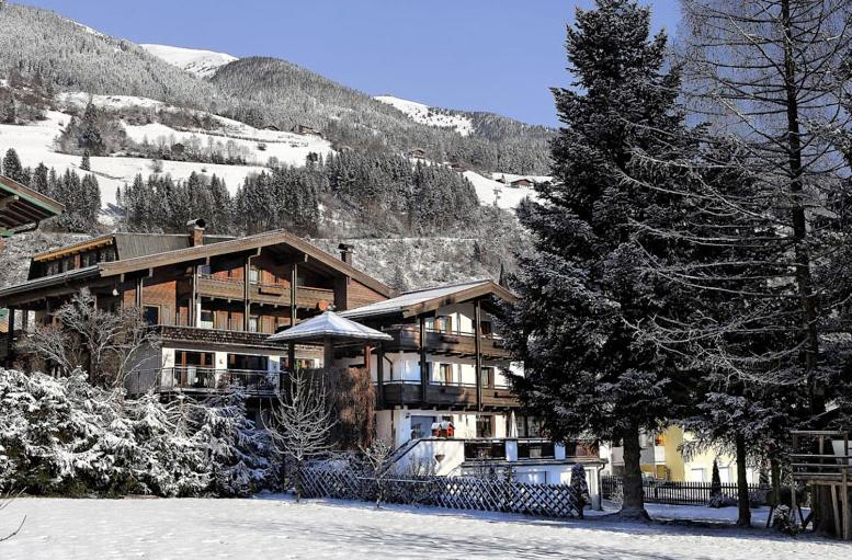 un gran edificio en la nieve junto a un árbol en Apartments Nindl en Neukirchen am Großvenediger