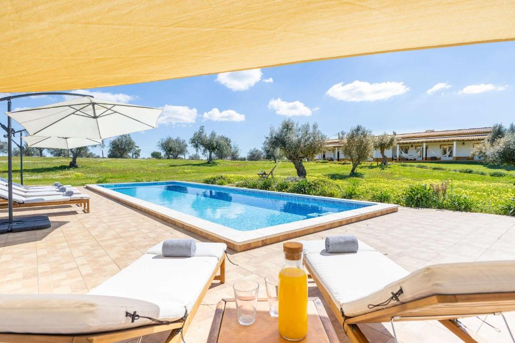 a swimming pool in a yard with two lounge chairs and an umbrella at Monte do Sossego by Portugal Active in Ferreira do Alentejo