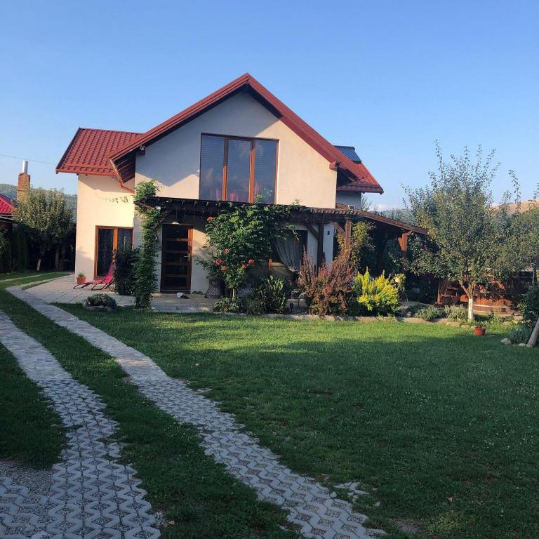 a house with a stone path leading to a house at Casa Cu Lavandă in Valea Drăganului