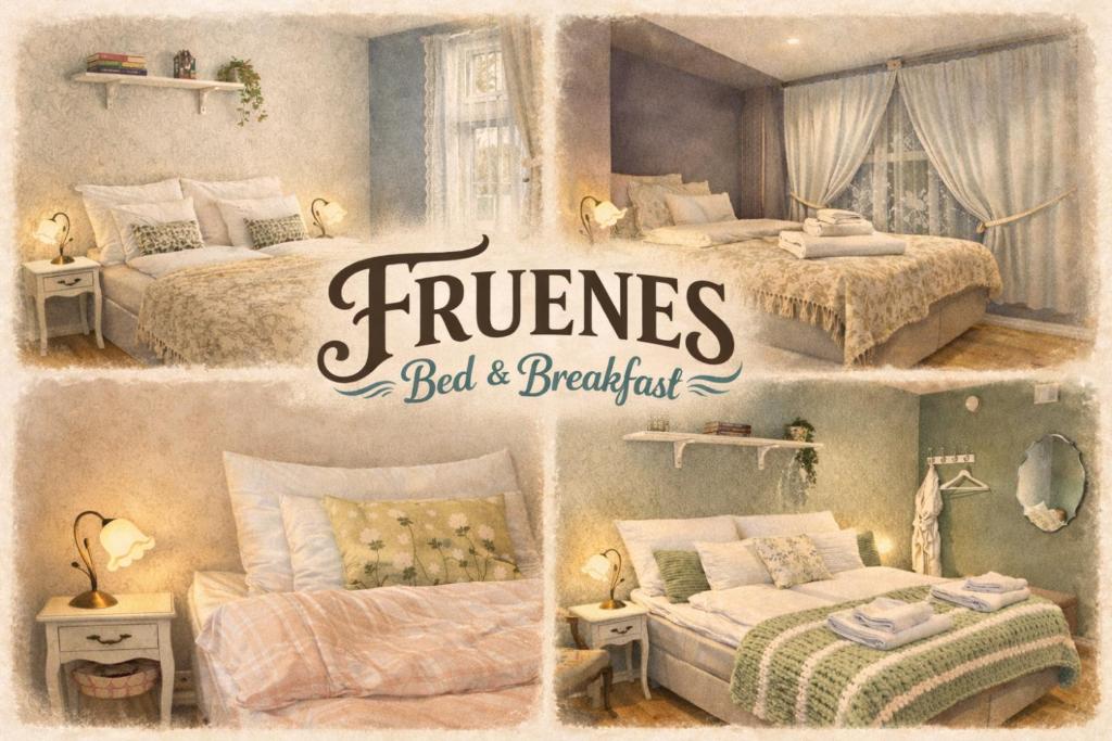 a collage of four pictures of a bedroom with two beds at Fruenes in Volda